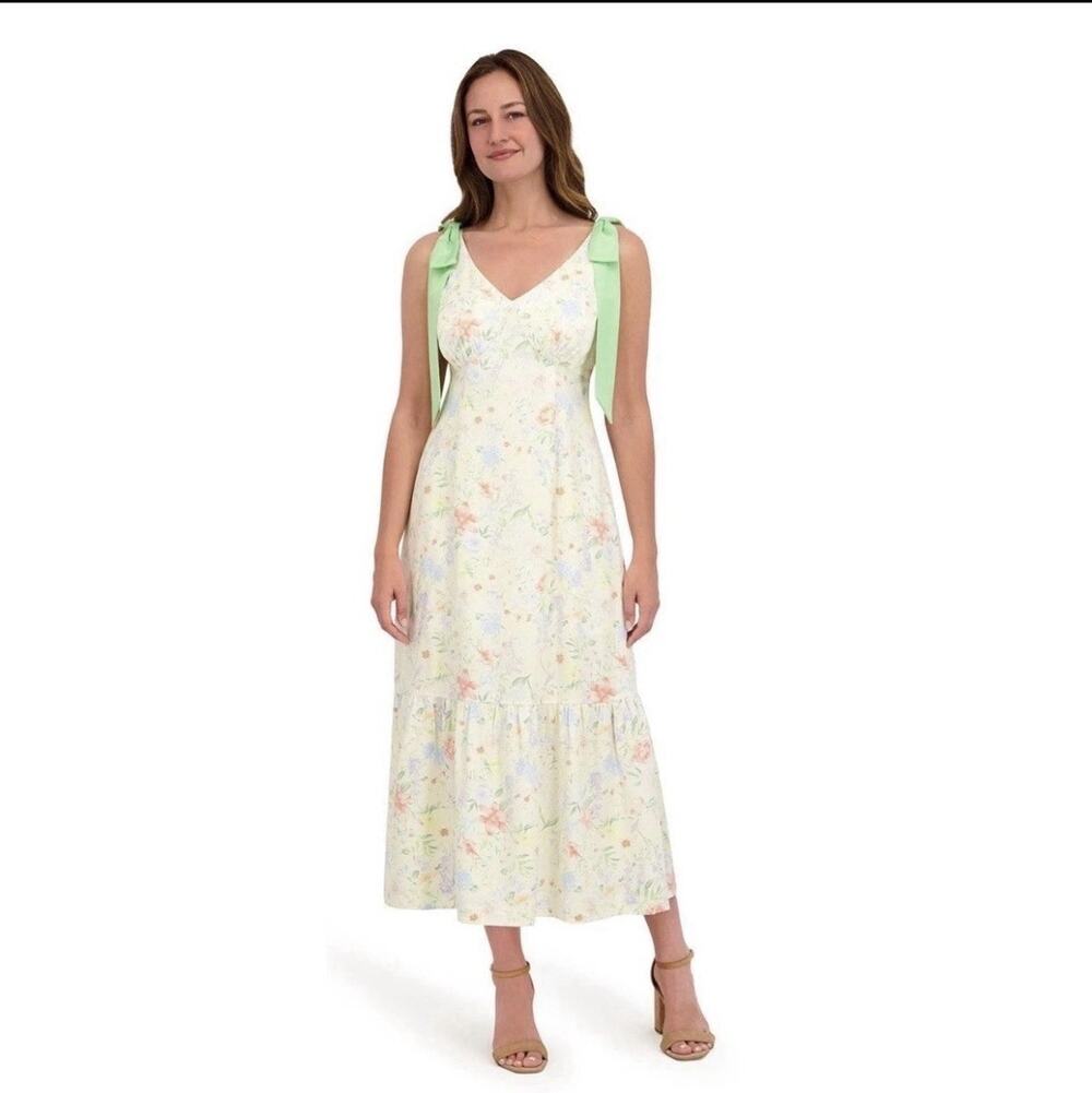 Bridgerton Floral Midi Dress Green Bow Shoulder Straps Regencycore XXL NWT